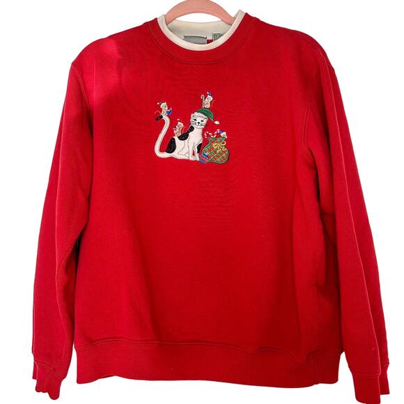 Vintage Christmas Sweater with Cat and Mouse Sweater Red - Picture 1 of 4